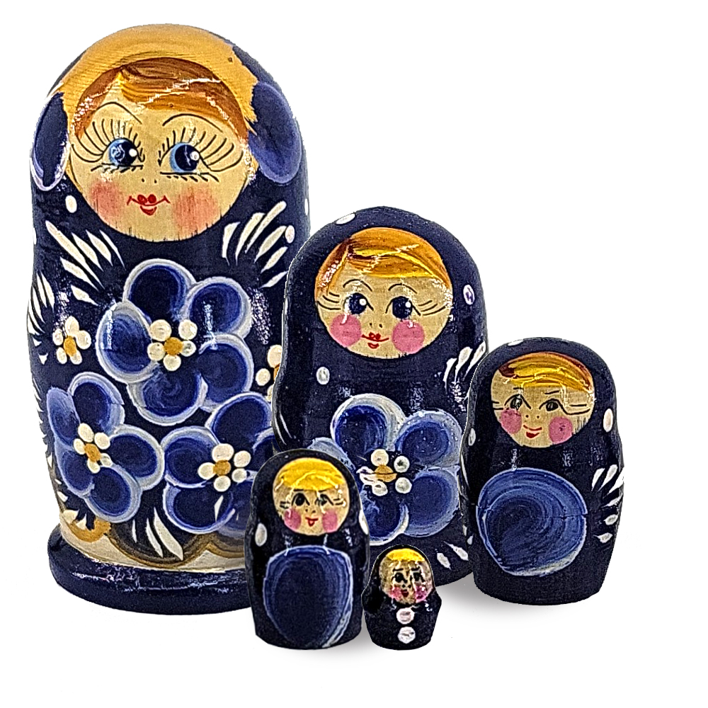 Matryoshka Dark Bluе Wooden Hand-Painted Traditional Souvenir, 5 ps 4''