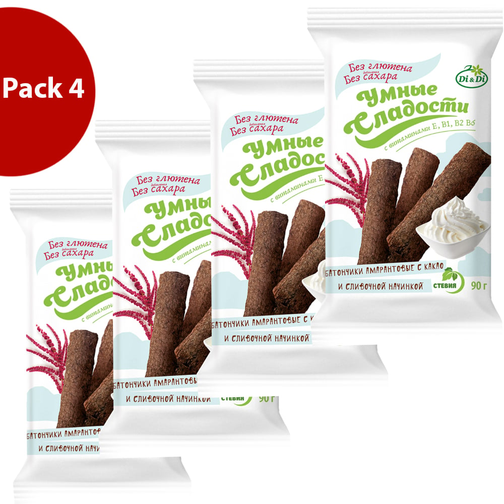 Pack 4 Amaranth Bars Cocoa & Cream Filling Sugar & Gluten Free, 