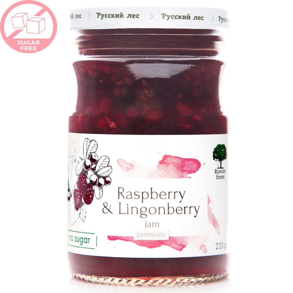 Raspberry & Lingonberry Jam Premium SUGAR FREE, Russian Forest, 220g/ 7.76oz