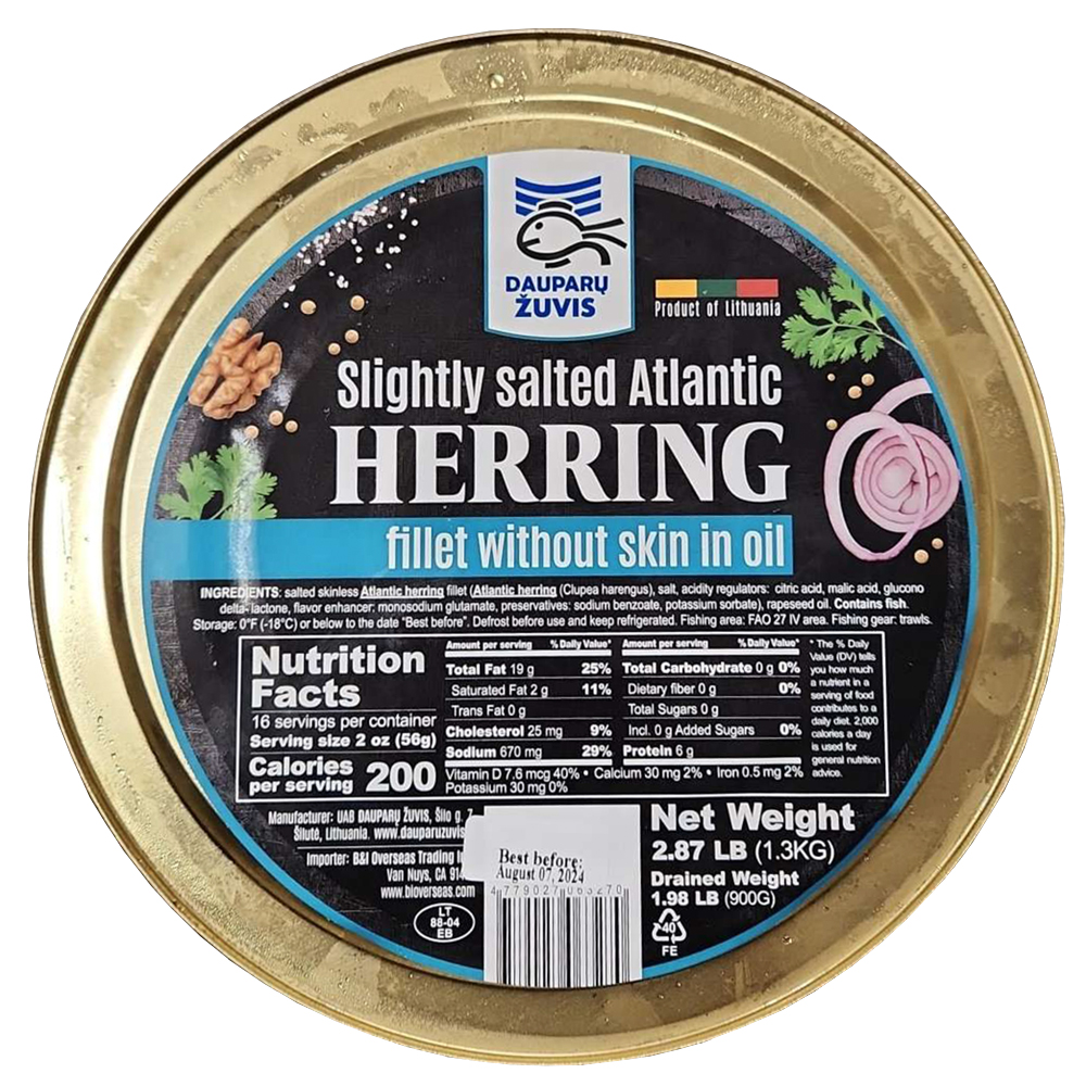Slightly Salted Atlantic Herring Without Skin in Oil, Dauparu Zuvis, 1.3kg/ 2.87lbs