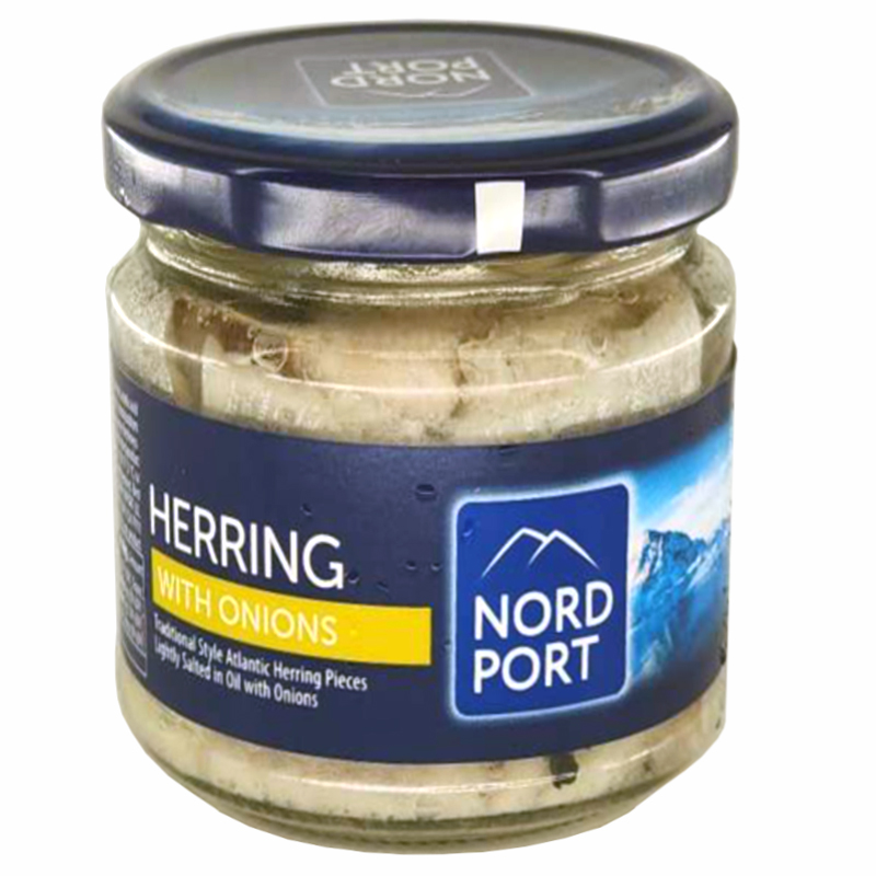 Traditional Salted Herring Pieces-Fille with Onion, Nord Port, 290g/ 10.23oz
