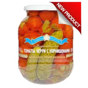 Premium Marinated Mix Cherry Tomatoes & Gherkins, Kosher, Tescha's Recipes, 900 ml/ 1.98 lb
