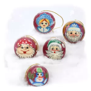 Set of Christmas Decorations Wooden Balls "Friends of Ded Moroz", Hand-Painted, 5 pcs