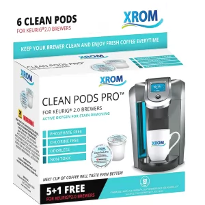 XROM Professional Cleaning Pods Compatible with All Keurig K-Cup 2.0 Brewers, Coffee Stain Removing, All Natural Ingredients, Biodegradable, 6 Cup per Pack