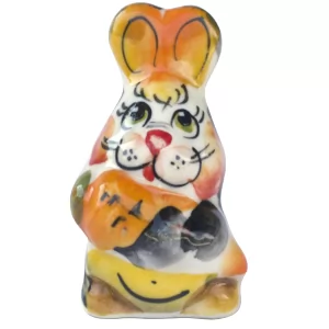 Ceramic Figurine Gzhel Colored Easter Little Rabbit with Carrot, 1.7