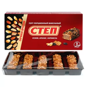 Portioned Waffle Cake with Delicate Caramel, Peanuts & Raisins "STEP MIX", 200g/ 7.05 oz