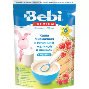 Baby Wheat Milk Porridge Raspberry with Cookies & Cherry | 6+Months, Bebi Premium, 200g/ 0.44lb