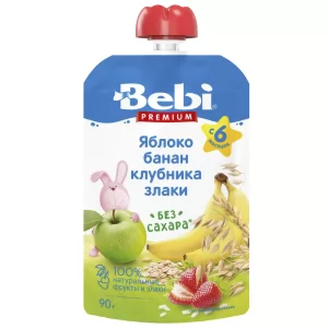 Fruit & Grains Puree Apple, Banana & Strawberry 6+ Months, Bebi, 90g / 3.2 oz