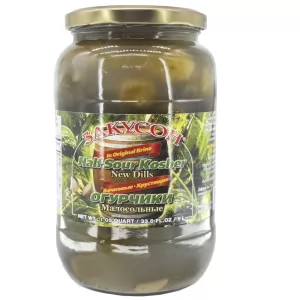 Crunchy Lightly Salted Cucumbers with Dill Half Sour Kosher, Zakuson, 33.8 oz/ 1 liter